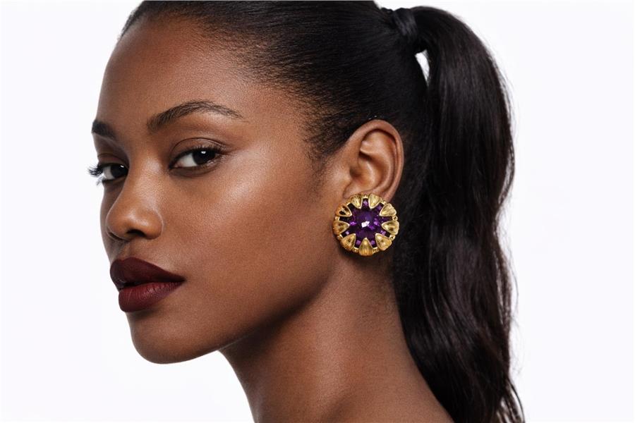 Fragile Mor Taşlı Gold Detaylı Yuvarlak Küpe